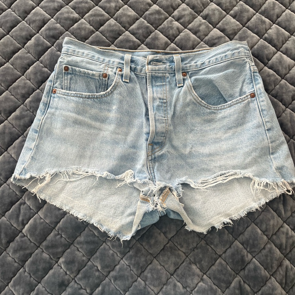 Levi's Light Blue Frayed Hem Jean Shorts